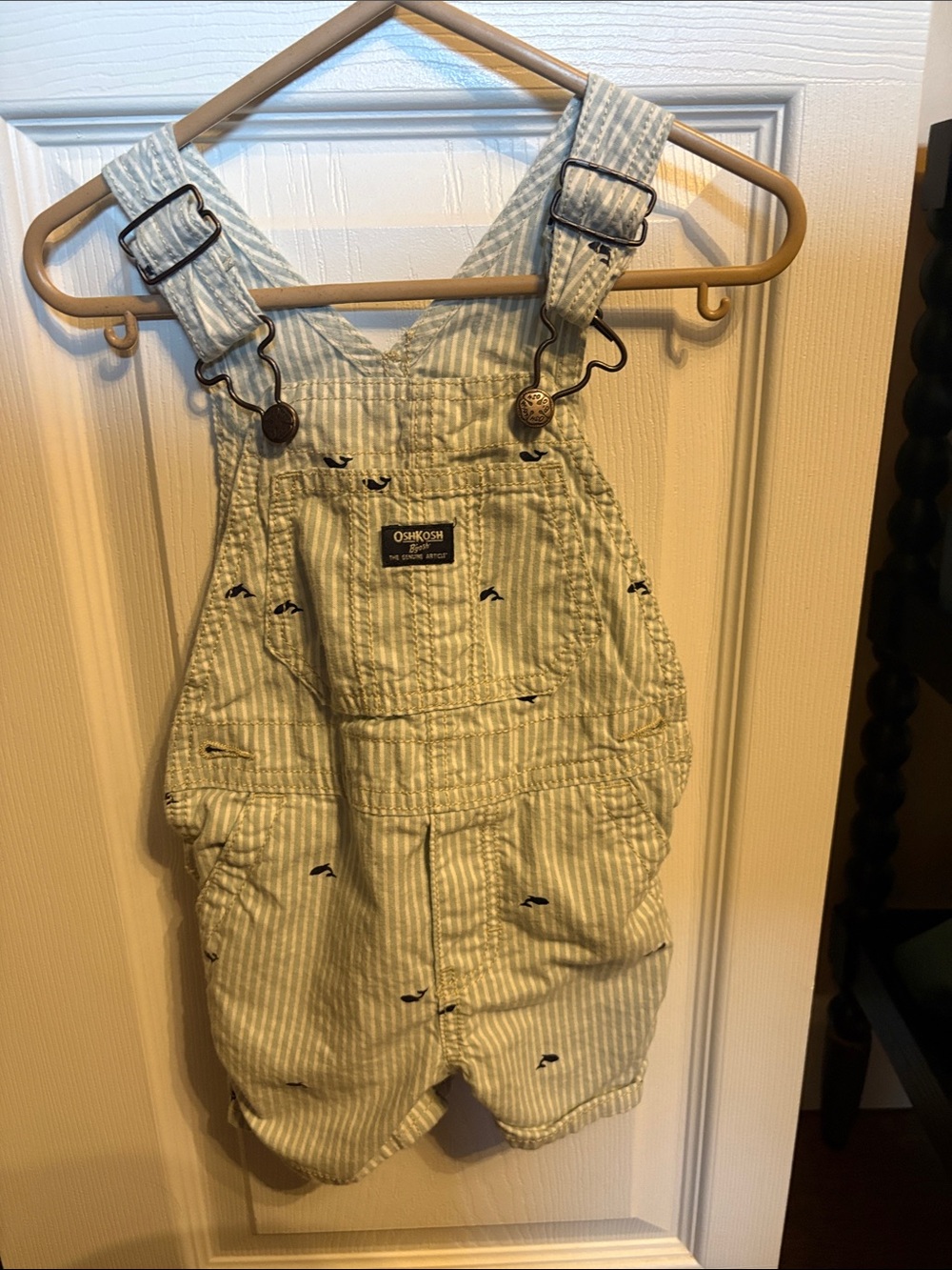 OshKosh B'gosh Mint Green and White Striped Navy Whale Embroidered Baby Overalls